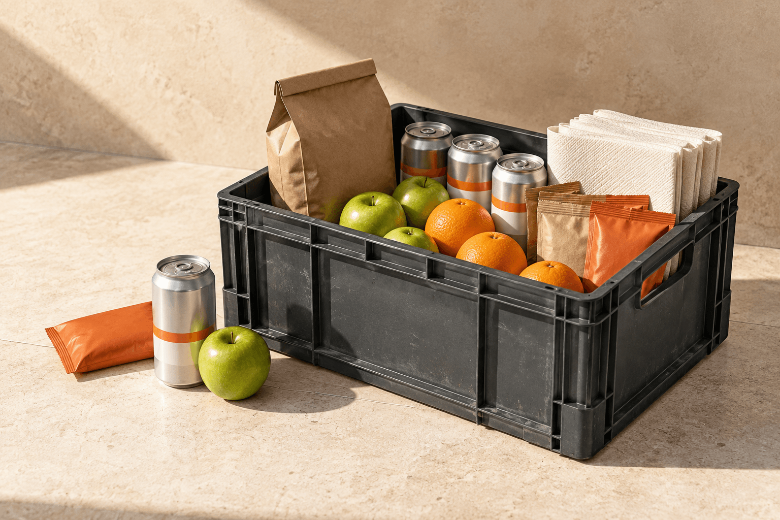 A delivery crate ready with coffee, beverages, fruit and paper supplies
